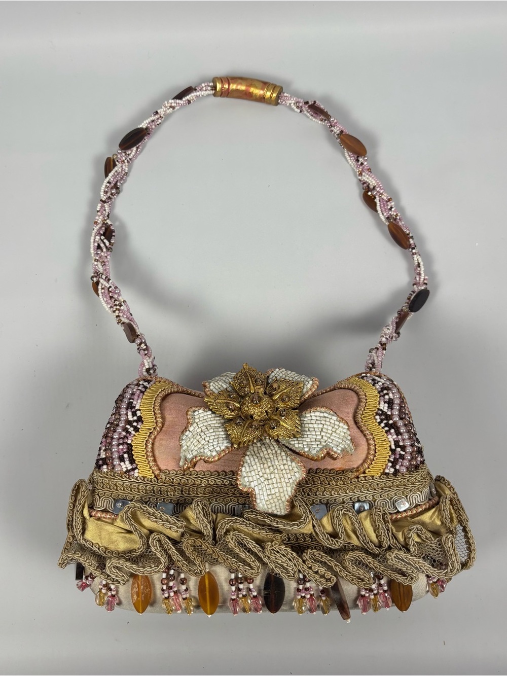 Vintage Mary Frances Beaded Shoulder Bag With Ruffles And Beads